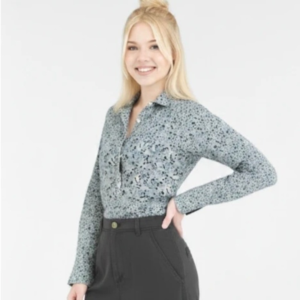 J.Crew Womens XS Blue Floral Rose Print Button Down Long Sleeve Shirt Cream